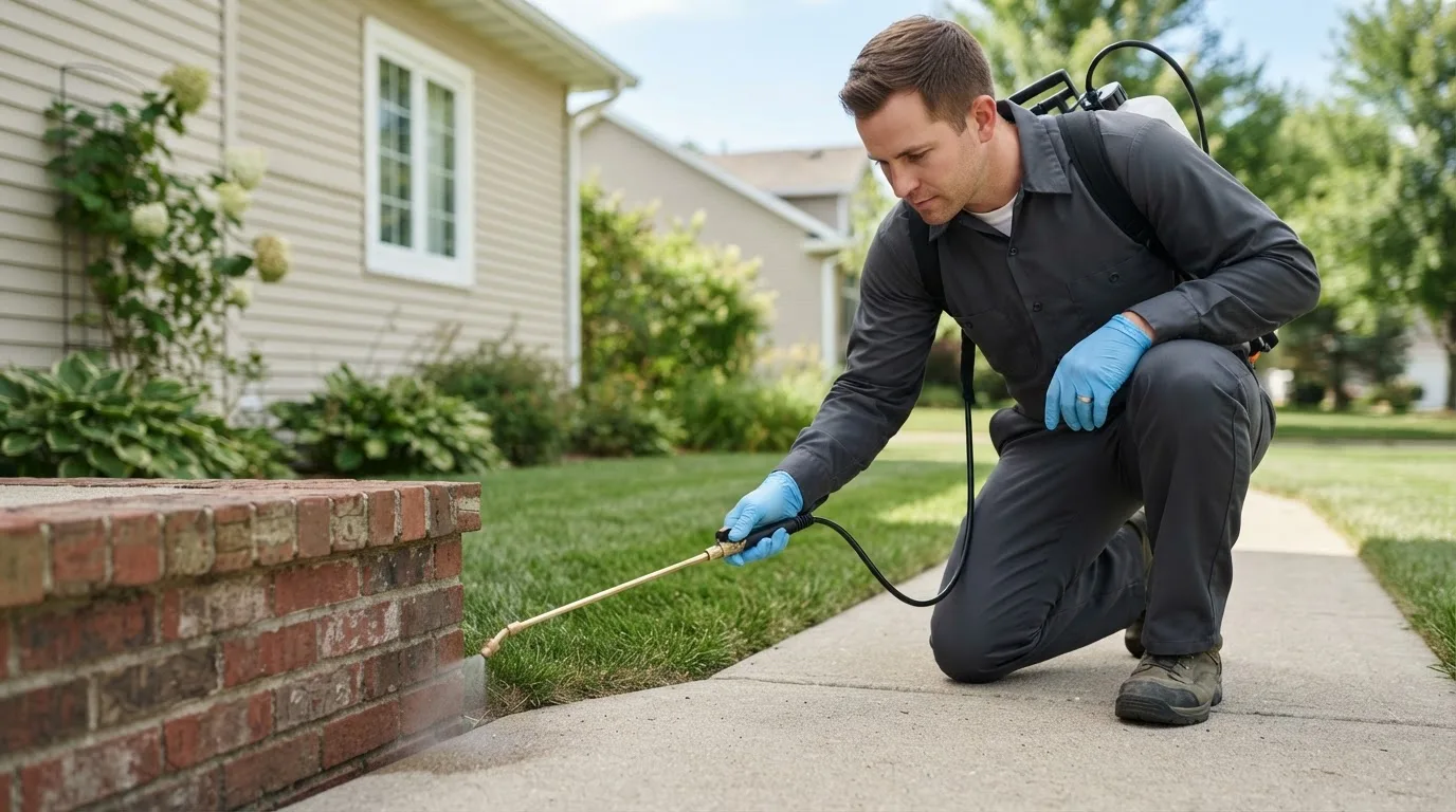 Pest control technician treating a home near Whitesboro, OK