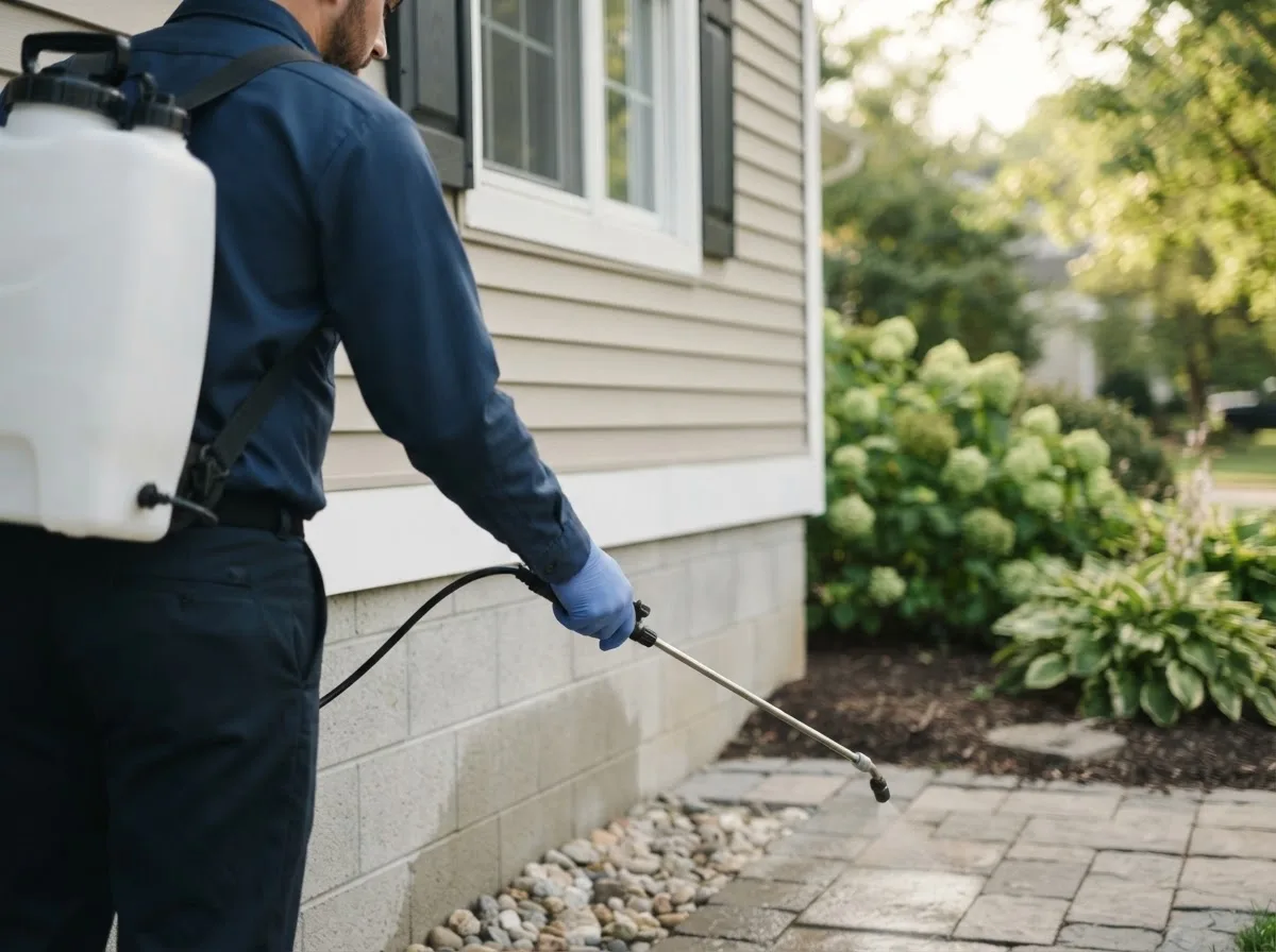Pest control technician inspecting a home in Whitesboro, OK